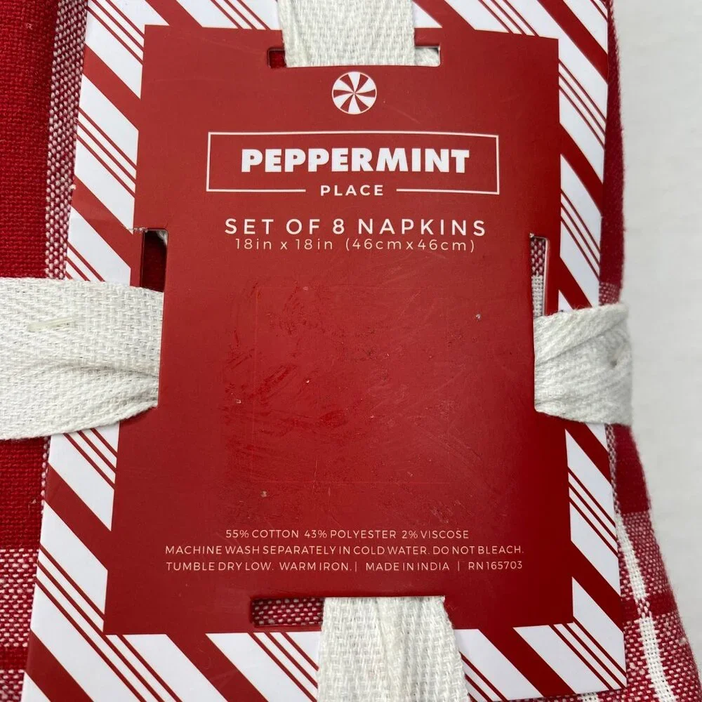 Peppermint Place Set Of 8 Red White Buffalo Check Festive 18in x 18in Napkins